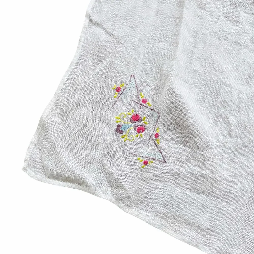 Vintage Embroidered Linen Card Tablecloth Square Floral 30